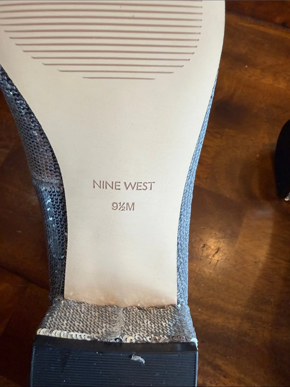 Nine West Silver Sequin Ankle-Strap Block Heels. Women’s Size 9.5